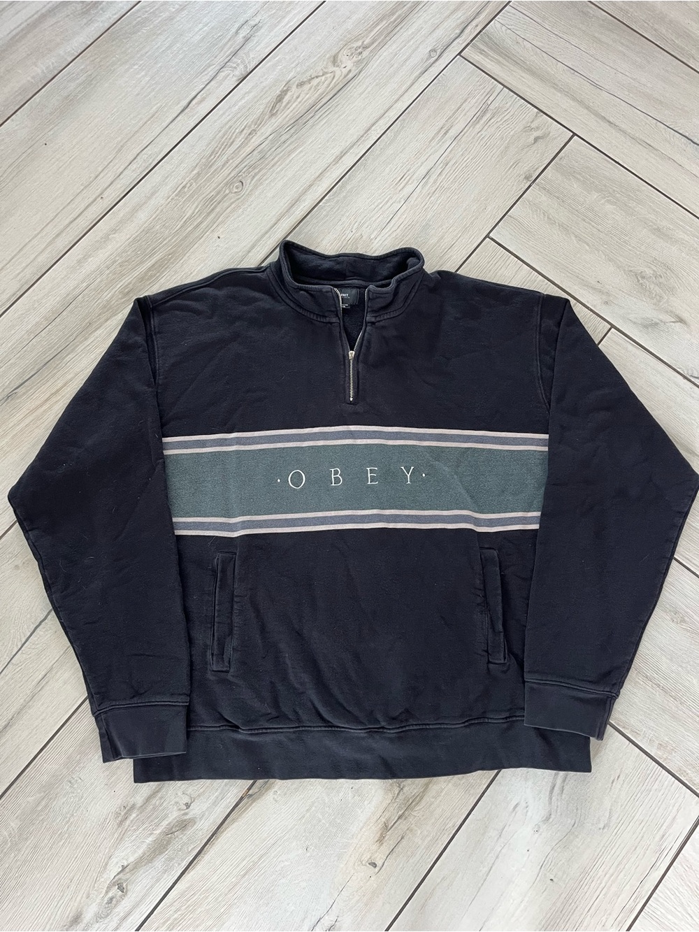 Obey Black Zip-Up Sweater with Grey Chest Stripe